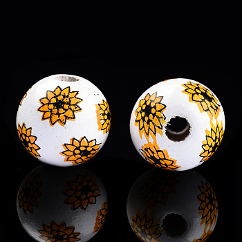 Spray Painted Wood Beads, Printed Beads, Round with Flower, Gold, 15~16x14~15mm, Hole: 3~4mm