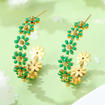 304 Stainless Steel Enamel Stud Earrings, C-Shaped with Flower, Golden, Green, 33.8x7.5mm