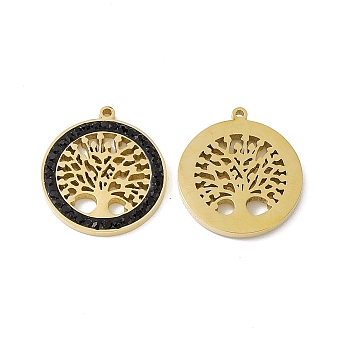 Vacuum Plating 201 Stainless Steel Rhinestone Pendants, Flat Round with Tree of Life Pattern Charms, Real 18K Gold Plated, Jet, 16.5x15x1.5mm, Hole: 0.9mm
