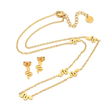 304 Stainless Steel Snake Stud Earring & Necklace Sets for Women, Golden, Earring: 10.5x5mm, Necklace: 15.94 inch(40.5cm)