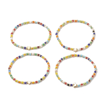 Glass Seed Bead Beaded Bracelets for Women, Brass Beads Stretch Bracelets, Golden, Inner Diameter: 2-1/8 inch(5.5cm)