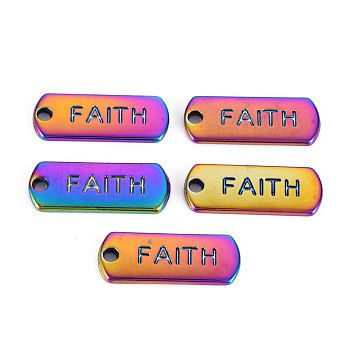 Rainbow Color Alloy Charms, Cadmium Free & Nickel Free & Lead Free, Oval with Faith, 21x8x1.5mm, Hole: 1.8mm