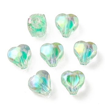 UV Plating Rainbow Iridescent Acrylic Beads, Two Tone Bead in Bead, Heart, Spring Green, 11x11.5x8mm, Hole: 3mm