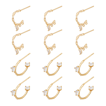 12Pcs 2 Style Brass with Clear Cubic Zirconia Stud Earrings Findings, with Horizontal Loops, C-shape, Nickel Free, Real 18K Gold Plated, 15~16x2~5mm, Hole: 0.9mm, Pin: 0.7mm, 6Pcs/style