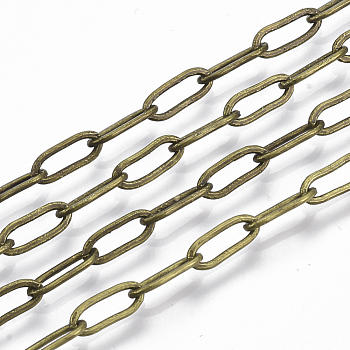 Brass Paperclip Chains, Flat Oval, Drawn Elongated Cable Chains, Soldered, with Spool, Cadmium Free & Nickel Free & Lead Free, Antique Bronze, 9x3.5x0.7mm, about 6.56 Feet(2m)/roll
