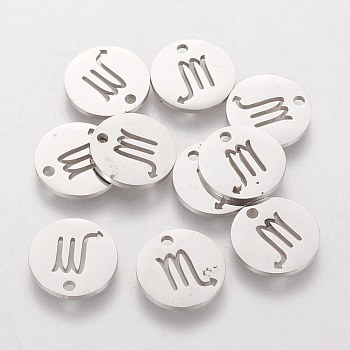 304 Stainless Steel Charms, Flat Round with Constellation/Zodiac Sign, Scorpio, 12x1mm, Hole: 1.5mm