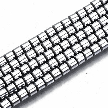 Electroplate Non-magnetic Synthetic Hematite Beads Strands, Column, Platinum Plated, 3.5x3mm, Hole: 1mm, about 125~126pcs/strand, 15.55 inch~15.83 inch(39.5cm~40.2cm)