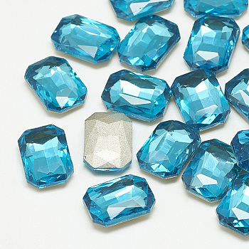 Pointed Back Glass Rhinestone Cabochons, Faceted, Rectangle Octagon, Aquamarine, 6x4x2mm