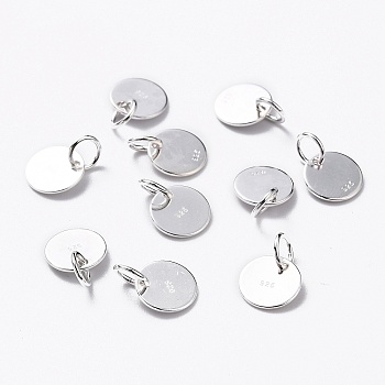 925 Sterling Silver Pendants, Flat Round Charms, with 925 Stamp, Silver, 8x0.6mm, Hole: 2mm