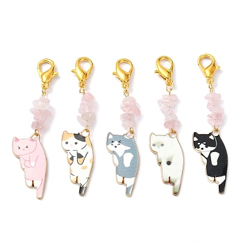 Cat Shapes Alloy Enamel Pendants Decorations, with Zinc Alloy Lobster Claw Clasps and Natural Rose Quartz Chips, Mixed Color, 65~67mm
