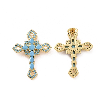 Rack Plating Brass Micro Pave Cubic Zirconia Pendants, with Jump Ring, Long-Lasting Plated, Real 18K Gold Plated, Cadmium Free & Lead Free, Religion Cross Charm, Deep Sky Blue, 24.5x18.5x5mm, Hole: 2x1mm