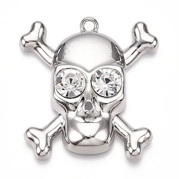 Rack Plating Alloy Rhinestone Pendants, Cadmium Free & Nickel Free & Lead Free, Skull Charms, Platinum, 41.5x38x8.5mm, Hole: 2.5mm