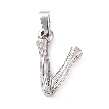 304 Stainless Steel Pendants, Bamboo Style, Stainless Steel Color, Letter.V, 19.5x12x3mm, Hole: 3x7mm