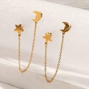 304 Stainless Steel Dangle Stud Earrings, Moon with Star, Golden, 90mm