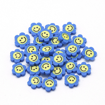 Handmade Polymer Clay Cabochons, Flower with Smile Face, Dodger Blue, 9~11x9~11x2~3mm
