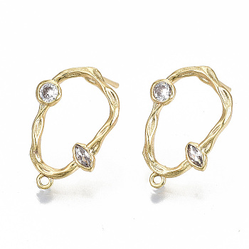 Brass Micro Pave Clear Cubic Zirconia Stud Earring Findings, with Loop, Nickel Free, Twist Teardrop, Real 18K Gold Plated, 20x13.5mm, Hole: 1mm, Pin: 0.7mm
