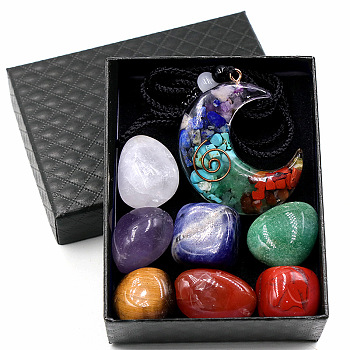 7 Chakra Healing Crystal Stones Kits, Including 7 Tumbled Spiritual Chakra Stones and 1 Moon Gems Necklace, 20~30x15~20mm