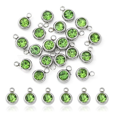 Stainless Steel Color Flat Round Stainless Steel+Rhinestone Charms