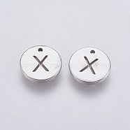 304 Stainless Steel Charms,  Flat Round with Letter, Stainless Steel Color, Letter.X, 10x1mm, Hole: 1mm(STAS-P212-15P-10)