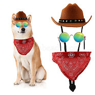 3Pcs 3 Style Pet Costume Supplies Sets, Including  Plastic Sun Glasses, Polyester Pet Handkerchief and Felt Western Cowboy Hat, Mixed Color, Sun Glasses: 31.5x78x2mm, 1pc, Handkerchief: 318~320mm, 1pc, Hat: 134~136x104~110x50~52mm, 1pc(AJEW-CA0003-84)