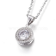 304 Stainless Steel Pendant Necklaces, with Cubic Zirconia, Flat Round, Clear, Stainless Steel Color, 17.5 inch(44.8cm), Pendant: 12x9.5x4mm(NJEW-O108-27P)