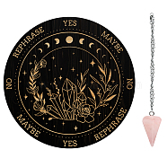 AHADEMAKER 1Pc Wood Pendulum Board, 1Pc 304 Stainless Steel Cable Chain Necklaces, 1Pc Natural Rose Quartz Stone Pendants, for Witchcraft Wiccan Altar Supplies, Flower Pattern, Board: 200x4mm(DIY-GA0005-16D)