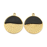 PVD Vacuum Plating 304 Stainless Steel Pendants, Natural Black Onyx(Dyed & Heated) Flat Round Charms, Real 18K Gold Plated, 18.5x16x2mm, Hole: 1.5mm(STAS-L278-118G-02)