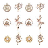 Cheriswelry 12Pcs 6 Style Brass Micro Pave Clear Cubic Zirconia Pendants, Long-Lasting Plated, Cadmium Free & Lead Free, Flat Round & Ring & Flower & Dragonfly, Golden, 15.5~25.5x10.5~15.5x2~7mm, Hole: 1~2mm, 6 style, 2pcs/style, 12pcs(KK-CW0001-04)