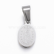 304 Stainless Steel Religion Pendants, Oval with Single Sided Saint Jude, Stainless Steel Color, 13.5x8x1.5mm, Hole: 4x6mm(STAS-G155-91P)