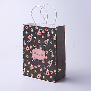 kraft Paper Bags, with Handles, Gift Bags, Shopping Bags, Rectangle, Flower Pattern, Black, 33x26x12cm(CARB-E002-L-S02)