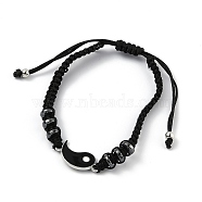 Adjustable Nylon Cord Braided Bead Bracelet, with Alloy Enamel Gossip/Yin Yang Links and Synthetic Hematite Spacer Beads, Black, Platinum, Inner Diameter: 1-3/4~3-1/8 inch(4.5~8cm)(EJEW-H118-01P)