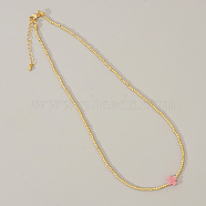 Real 18K Gold Plated 2mm Round Brass Beaded Necklaces, Cross Necklaces, Pink, 16.54 inch(42cm)(HJ8238-5)