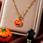 Stainless Steel Enamel Halloween Pumpkin Pendant Dapped Chain Necklaces, Golden, Orange Red, 15.75 inch(40cm)(BZ8585)