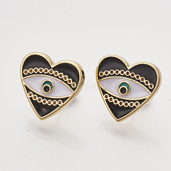 Brass Stud Earrings Findings, with Enamel and Ear Nuts/Earring Backs, Heart with Eye, Golden, Black, Fit for 0.6mm Rhinestone, 15x16mm, Pin: 0.7mm(EJEW-S201-179A)