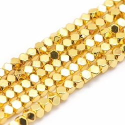 Electroplate Non-magnetic Synthetic Hematite Beads Strands, Grade AA, Nickel Free & Lead Free, Long-Lasting Plated, Faceted, Cube, Golden Plated, 3x3x3mm, Hole: 0.8mm, about 141pcs/strand, 15.7 inch(40cm)(G-L485-10B-G)