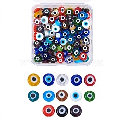 Handmade Evil Eye Lampwork Beads, Flat Round, Mixed Color, 10x4mm, Hole: 1mm, 13 colors, 10pcs/color, 130pcs/box(LAMP-SZ0001-02B)