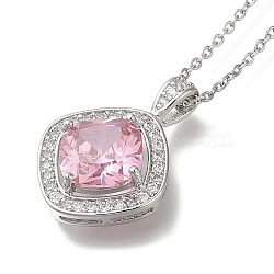 304 Stainless Steel Cable Chain Necklaces, Brass Clear Cubic Zirconia Rhombus Pendant Necklaces, Platinum & Stainless Steel Color, Pink, 17.72 inch(45cm)(NJEW-H040-20P-07)