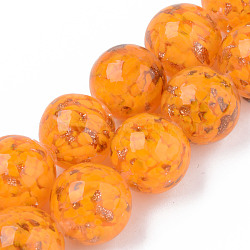 Handmade Gold Sand Lampwork Beads, Inner Flower, Round, Orange, 20x19~20mm, Hole: 2mm, about 20pcs/strand, 14.96 inch(38cm)(LAMP-S194-008C-07)