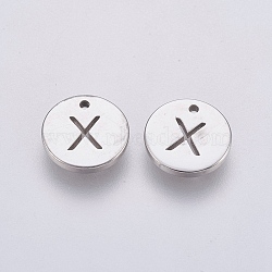 Non-Tarnish 304 Stainless Steel Charms, Flat Round with Letter, Stainless Steel Color, Letter.X, 10x1mm, Hole: 1mm(STAS-P212-15P-10)