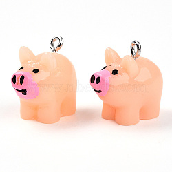 Resin with Iron Pendants, Pig, PeachPuff, 17~18x12x19.5mm, Hole: 2mm(RESI-T057-19)