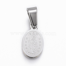 304 Stainless Steel Religion Pendants, Oval with Single Sided Saint Jude, Stainless Steel Color, 13.5x8x1.5mm, Hole: 4x6mm(STAS-G155-91P)
