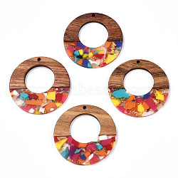 Transparent Resin & Walnut Wood Pendants, with Gold Foil, Donut Charms, Colorful, 38x3mm, Hole: 2mm(RESI-TAC0017-74-A07)