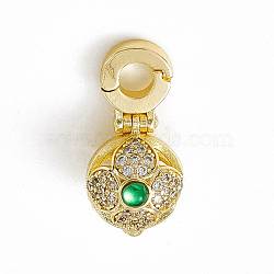 Brass Micro Pave Clear Cubic Zirconia Bead Cage Pendants, with Green Glass, Round Cage Charms, Real 18K Gold Plated, 16x7.5x8.5mm, Hole: 2.8mm, Inner Diameter: 6.5mm(KK-K271-27G)