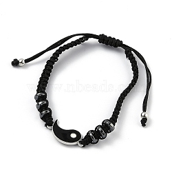 Adjustable Nylon Cord Braided Bead Bracelet, with Alloy Enamel Gossip/Yin Yang Links and Synthetic Hematite Spacer Beads, Black, Platinum, Inner Diameter: 1-3/4~3-1/8 inch(4.5~8cm)(EJEW-H118-01P)