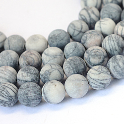 Frosted Natural Black Silk Stone/Netstone Round Bead Strands, 6~6.5mm, Hole: 1mm, about 63pcs/strand, 15.5 inch(X-G-E334-6mm-25)