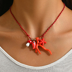 Summer Beach Porcelain Coral Fish Starfish Mushroom Pendant Cotton Cord Necklaces, Golden, Orange Red, 21.65 inch(55cm)(FS-WGEA949-01)