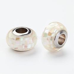 304 Stainless Steel Resin European Beads, with Shell and Enamel, Rondelle, Large Hole Beads, Beige, 12x8mm, Hole: 5mm(RPDL-G001-A12)