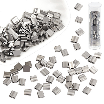 140Pcs Electroplated Glass Seed Beads, 2-Hole, Rectangle, Gunmetal Plated, 5x4.5~5.5x2~2.5mm, Hole: 0.5~0.8mm