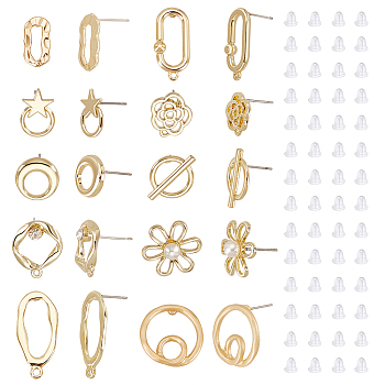 Elite 40Pcs 10 Style  Alloy Stud Earring Findings, with Loop and Steel Pin, Oval & Star & Flower, with 90Pcs Plastic Ear Nuts, Light Gold, 13~26x8·18.5mm, Hole: 1~10mm, Pin: 0.7mm, 4Pcs/style