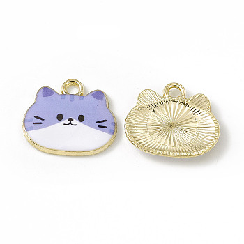 Painted Alloy Pendants, Cat Charm, Cadmium Free & Nickel Free & Lead Free, Golden, Lavender, 18x20x2.5mm, Hole: 2.3mm